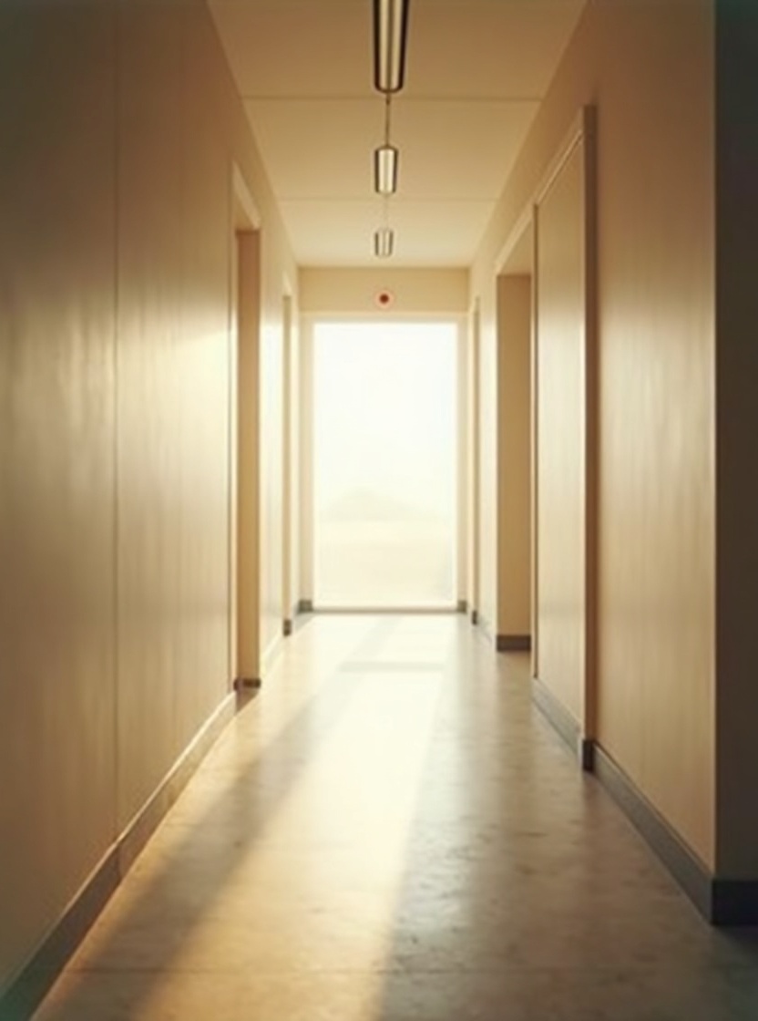 Pasillo de clínica con luz matinal